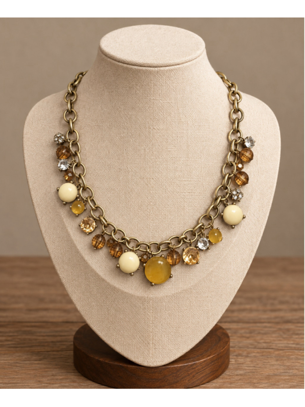 LOFT Statement Charm Necklace Gold Tone Amber Crystal Beaded